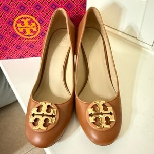 Tory Burch Tan Heels with Gold Emblem